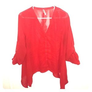 Red shark bite blouse rolled button sleeves